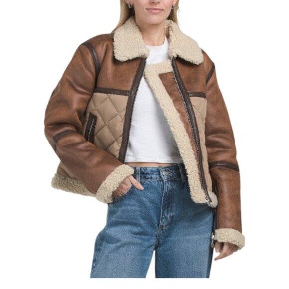 AMAPEL Tan/Beige Faux Leather Shearline Puffer Jacket - Picture 1 of 2
